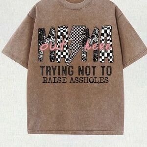 Vintage Brown Graphic Tee with Checker Print & Pink Script